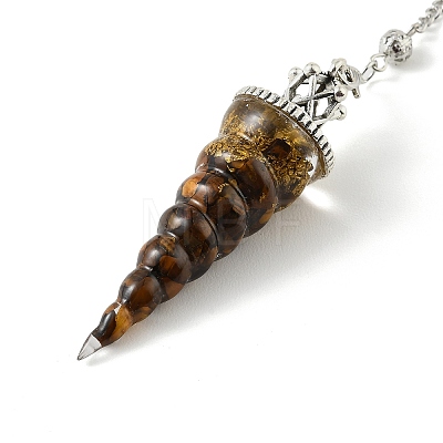 Resin Dowsing Pendulum Pendants with Natural Tiger Eye Chips inside and Iron Chain & Alloy Caps GG-CBAEAD2-01D-1