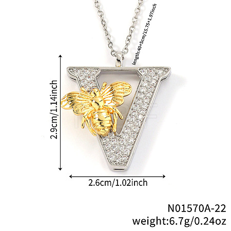 Brass Micro Pave Clear Cubic Zirconia Bee Initial Pendant Necklaces FS-WGF5E80-22-1