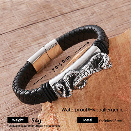 Vintage Braided PU Leather 304 Stainless Steel Bracelets with Magnetic Clasps for Men MV3469-4-1