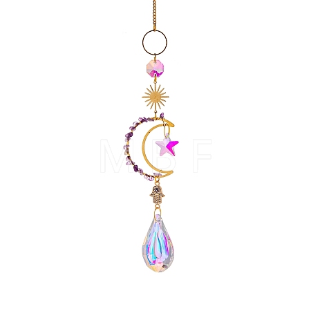 Glass & Brass Moon Star Pendant Decorations HJEW-PW0002-06D-1