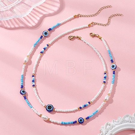 2Pcs 2 Styles Natural Pearl & Blue Resin Evil Eye & Glass Seed Beaded Necklaces for Women NJEW-MZ00152-1