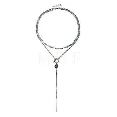 Alloy Glass Black Square Pendant Double Layer OT Lariat Necklaces with Plastic Beads for Women WG26488-01-1