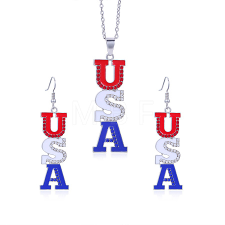 Independence Day Zinc Alloy Enamel & Rhinestone Pendant Necklaces & Dangle Earrings Sets FS-WG64DB3-13-1