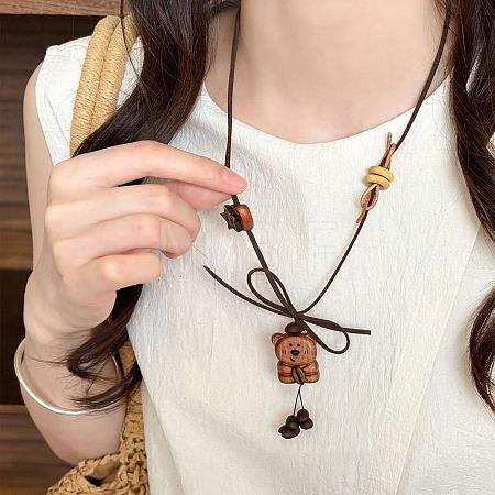 Coffee Bean & Wood Bear Pendant Adjustable Imitation Leather Cord Long Necklaces for Women WG79F39-01-1