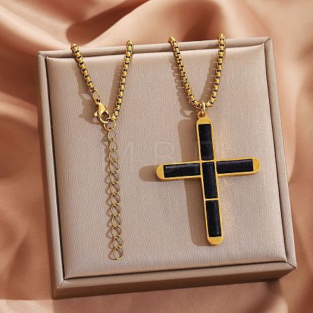 304 Stainless Steel with Dyed Natural Black Quartz Religion Cross Pendant Necklaces FS-WG3F108-07-1