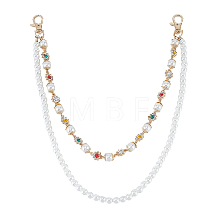 1Pc Imitation Pearl White Round Beaded and Alloy Colorful Rhinestone Flower Link Chain Belts for Pants HJEW-ME0001-23-1