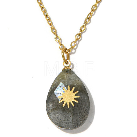 Natural Labradorite Faceted Teardrop Pendant 304 Stainless Steel Cable Chain Necklaces for Women WG4FB82-03-1