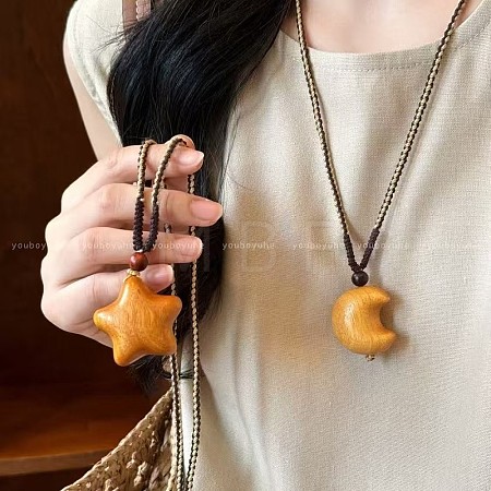 Wood Pendant Adjustable Cotton Cord Long Necklaces for Women WG65FA5-03-1