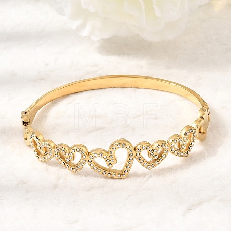 304 Stainless Steel Crystal Rhinestone Hollow Heart Hinged Cuff Bangles for Women SA-CBAF851-10G-1