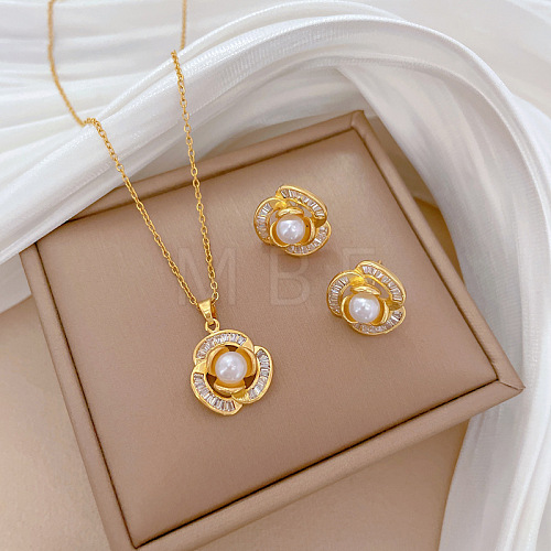 Brass Micro Pave Cubic Zirconia with Plastic Pearl Pendant Necklace & Stud Earrings WG7AC39-125-1