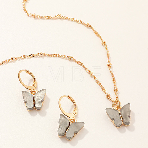 Butterfly Alloy Resin Pendant Necklaces & Hoop Earrings Sets for Women WGFA008-08-1