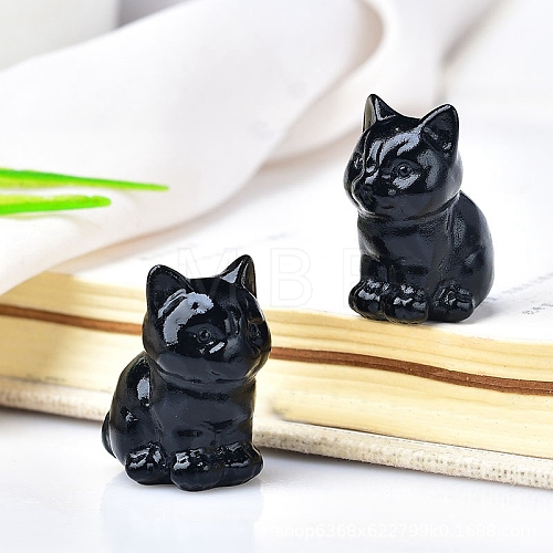 Natural Obsidian Carved Healing Cat Figurines PW-WG98432-03-1
