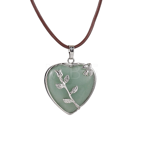 Natural Green Aventurine Heart Pendant Necklace with Cowhide Leather Cords NJEW-JN04598-03-1