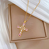 304 Stainless Steel Pave Pink Cubic Zirconia & Faux Pearl Cross Pendant Necklaces for Women WGAE7D3-01-3