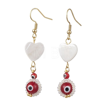 Natural Shell Heart & Lampwork Evil Eye Dangle Earrings EJEW-MZ00121-1