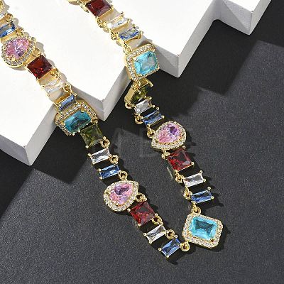 Brass Pave Colorful Cubic Zirconia Rectangle Square Teardrop Tennis Necklaces NJEW-G183-09G-1