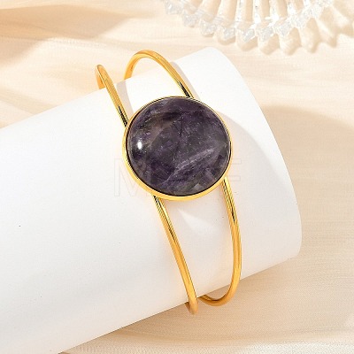 Natural Mixed Gemstone Flat Round Brass Hollow Cuff Bangles for Women BJEW-JB14330-02-1