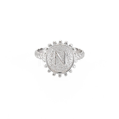 Non-Tarnish 304 Stainless Steel Flat Round with Initial Letter Open Cuff Ring for Men Women RJEW-S405-246P-N-1