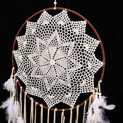 Handmade Round Cotton Woven Net/Web with Feather Wall Hanging Decoration HJEW-G015-02B-1