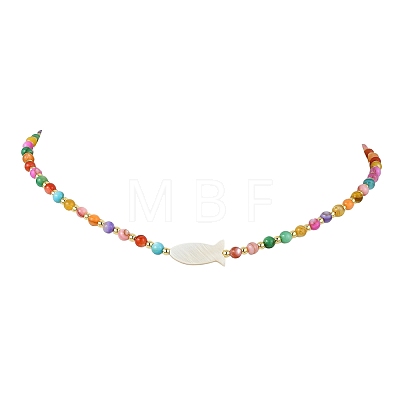 Ocean Natural Sea Shell Fish and Dyed Round Natural Freshwater Shell Beaded Necklaces for Women NJEW-JN06167-1
