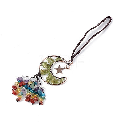 Natural Peridot Moon with Mixed Gemstone Chips Tassel Pendant Decorations G-L524-07R-A09-1
