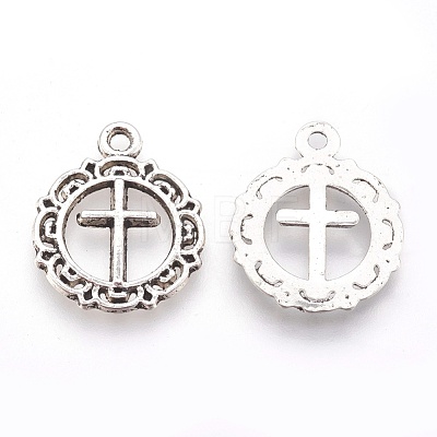 Tibetan Style Flat Round with Cross Alloy Pendants TIBEP-Q054-07AS-RS-1