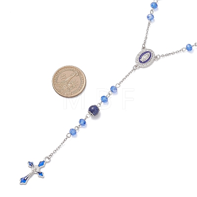 Round Natural Lapis Lazuli and Glass Rosary Bead Necklaces NJEW-JN05717-1