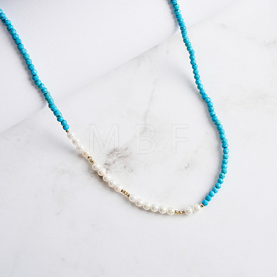 Faceted Round Natural Turquoise & Shell Pearl Beaded Necklaces NJEW-L125-005G-01-1