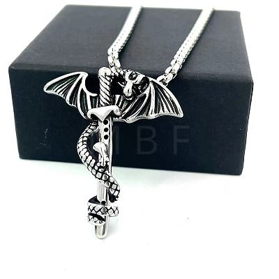 European Style Stainless Steel Dragon Wrap Sword Pendant Necklaces for Men Women CV9582-1