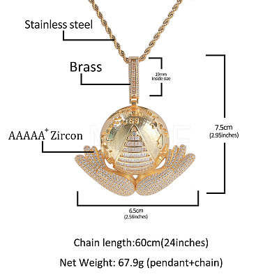 Brass Micro Pave Clear Cubic Zirconia Earth with Hands Pendant 316L Surgical Stainless Steel Rope Chain Necklaces for Men FS-WG87F27-01-1