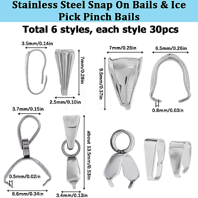 180Pcs 6 Styles 201 & 304 Stainless Steel Snap On Bails & Ice Pick Pinch Bails STAS-SC0005-61-1