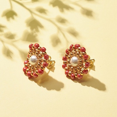 Shell Pearl & Glass Seed Braided Flower Stud Earrings EJEW-JE04921-03-1