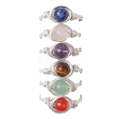 Round Natural Amethyst/Green Aventurine/Carnelian/Rose Quartz/Tiger Eye/Lapis Lazuli Braided Finger Ring RJEW-JR00743-01-1