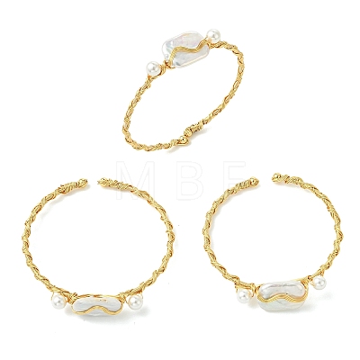Twisted Wire Wrapped Natural Baroque Keshi Pearl Cuff Bangles for Women BJEW-JB13961-1