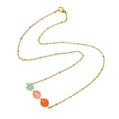 Round Cherry Quartz Glass & Natural Carnelian & Chip Natural Green Aventurine Beaded Pendant 304 Stainless Steel Satellite Chain Necklaces for Women NJEW-JN06158-03-1