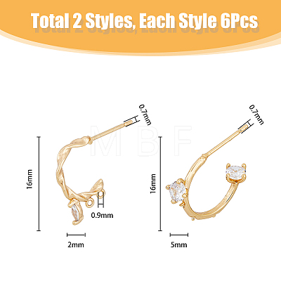 12Pcs 2 Style Brass with Clear Cubic Zirconia Stud Earrings Findings KK-DC0002-88-1