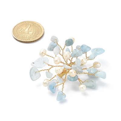 Natural Aquamarine Chips & Pearl Beaded Flower Brooch Pin JEWB-BR00098-04-1