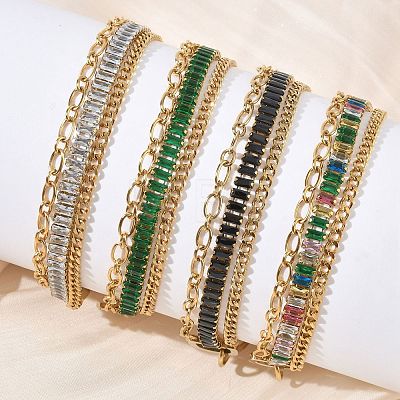 304 Stainless Steel & Glass Double Layers Chain Bracelets for Women BJEW-F540-10G-1