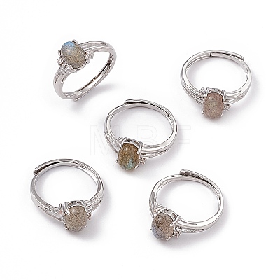 Oval Natural Labradorite Adjustable Rings RJEW-E067-03P-1