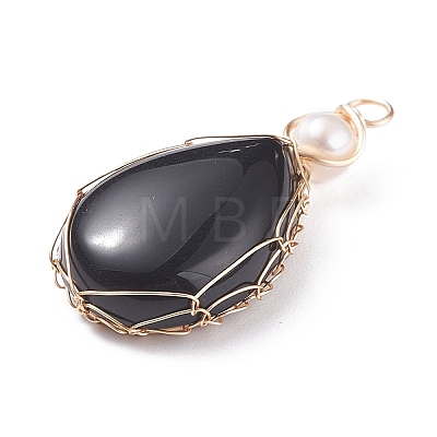 Natural Obsidian Copper Wire Wrapped Pendants PALLOY-JF01398-05-1
