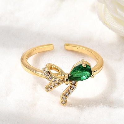 Brass with Green Glass Cuff Rings RJEW-P173-01G-03-1
