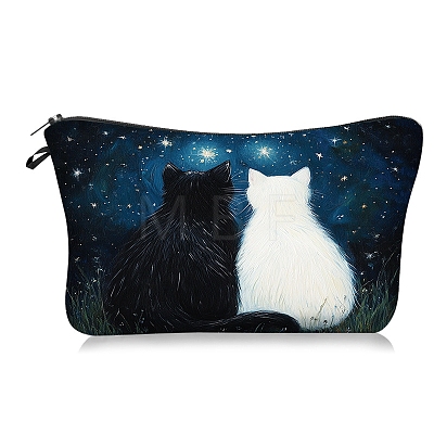 Polyester Cute Black & White Cat Under the Stars Printed Cosmetic Zipper Cluthch Bags PW-WGBE708-02-1