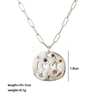 Mother's Day 304 Stainless Steel Pave Cubic Zirconia Irregular Disc with Hollow Word LOVE Pendant Necklaces for Women WGBC73E-04-1