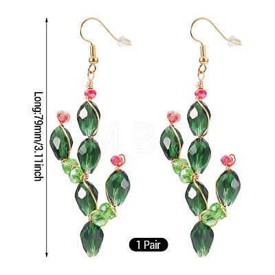 Brass Glass Cactus Dangle Earrings EJEW-TADJ00001-1