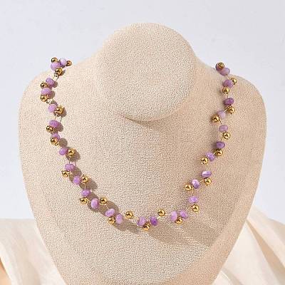 304 Stainless Steel & Rondelle Natural Amethyst Beaded Necklaces for Women NJEW-C119-03B-1