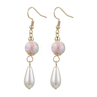 Round with Flower Pattern Porcelain Ceramic Dangle Earrings EJEW-JE06347-03-1