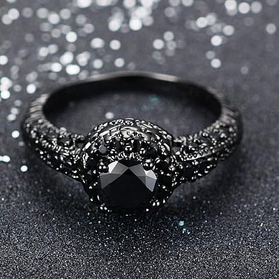 Flat Round Brass Jet Rhinestone Finger Rings FS-WG232E0-01-1