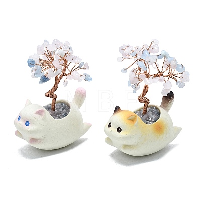 Natural Morganite Chips Tree of Life Decorations with Cat Display Decorations DJEW-K025-03F-1