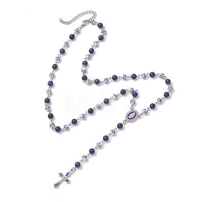 Handmade Blue and White Porcelain and Dyed Natural Lapis Lazuli Round Rosary Bead Necklaces NJEW-JN05750-1