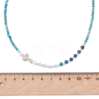 Natural Mixed Stone Faceted Round and Dyed Malaysia Jade & Pearl Beaded Necklaces with Brass Micro Pave Clear Cubic Zirconia Cross NJEW-JN05975-1